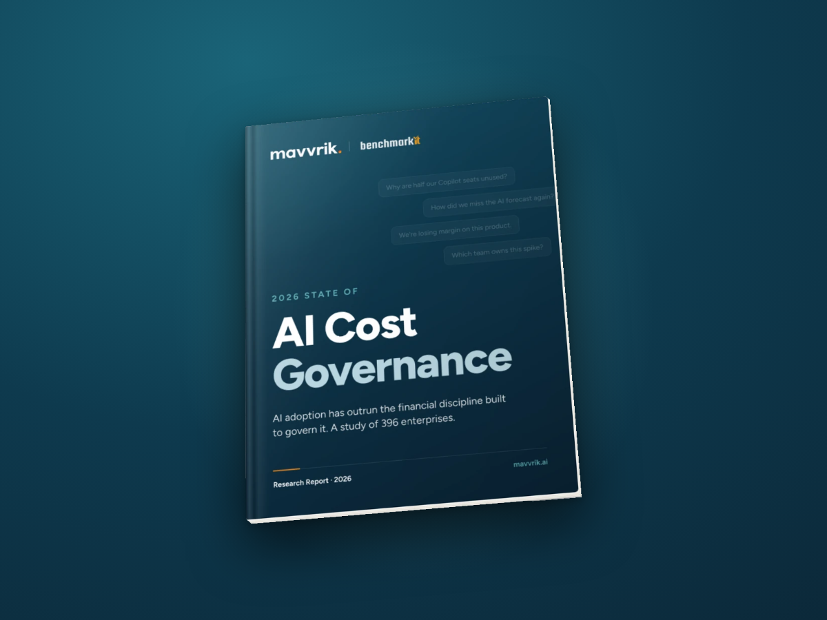 Cover of the 2026 State of AI Cost Governance research report by Mavvrik and Benchmarkit