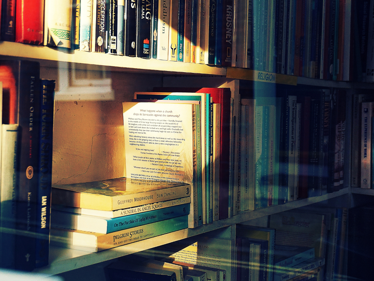 Image of library books on a shelf within a university