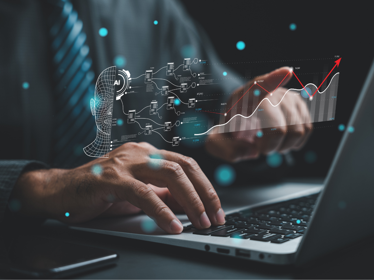 Man typing on computer with images of charts and AI on top